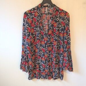 Free People Magic Mystery Black Floral Boho Split Neck Blouse Bell Sleeve Medium